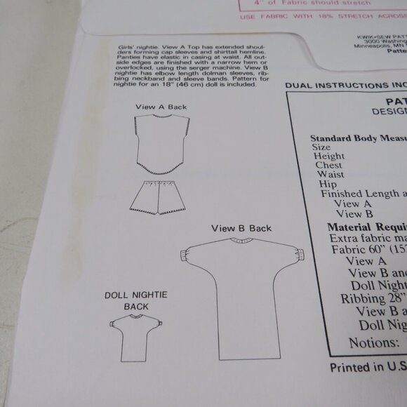 Kwik Sew 1565 Girl NIGHT SHIRT & DOLL SHIRT size 8-14 UNCUT Sewing Pattern - Picture 4 of 7